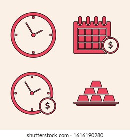 Set Gold bars, Clock, Financial calendar and Time is money icon. Vector