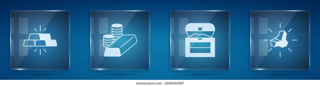 Set Gold bars, coin with gold, Antique treasure chest and nugget. Square glass panels. Vector