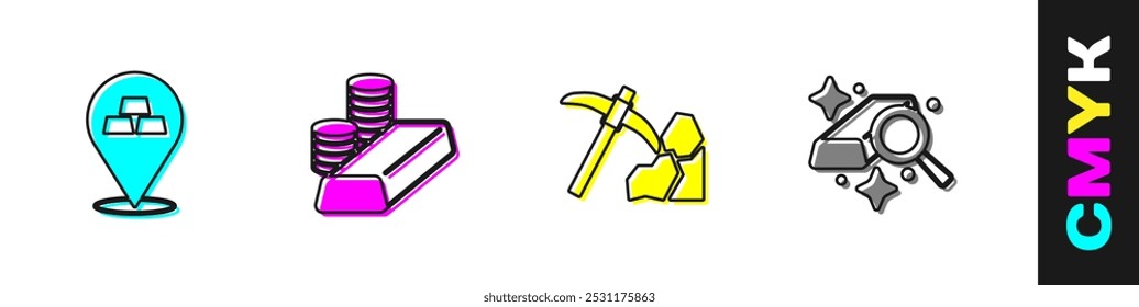 Set Gold bars, coin with gold, mining and  icon. Vector