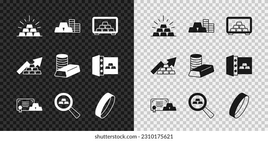 Set Gold bars, coin with gold, Safe, certificate, ring, Growth arrow and  icon. Vector