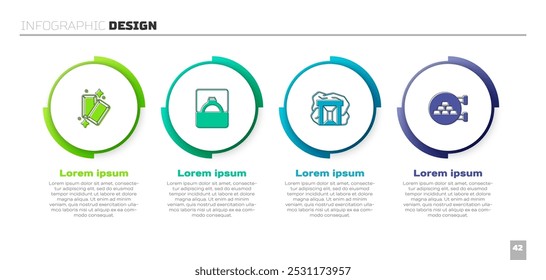 Definir barras de ouro, anel de noivado diamante na caixa, mina e loja de joias. Modelo de infográfico comercial. Vetor