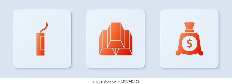 Set Gold bars, Dynamite bomb and Money bag. White square button. Vector