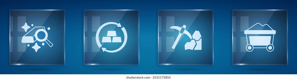 Conjunto de barras de oro, cambio de dinero, minería y Carrito minero con oro. Paneles de vidrio cuadrados. Vector