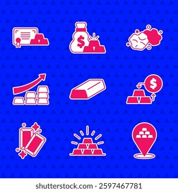 Set Gold bars, exchange money, Growth arrow with gold, nugget and certificate icon. Vector