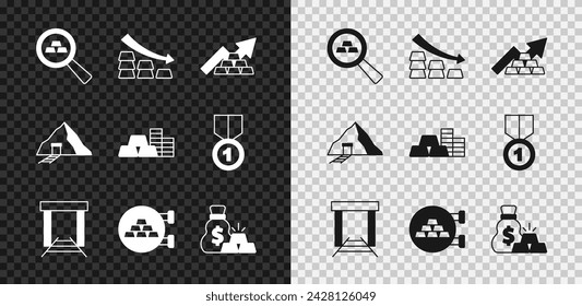 Conjunto de barras de oro, flecha que cae con oro, crecimiento, mina, joyería, bolsa de oro, y el icono de la moneda. Vector