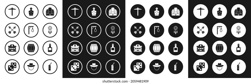 Set Gold bars, Gallows, Crossed arrows, Pickaxe, Dream catcher with feathers, Tequila bottle,  and Wild west saloon icon. Vector