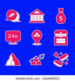 Set Gold bars, Growth arrow with gold, coin money, Antique treasure chest, mine, 24k, Old bag and  icon. Vector