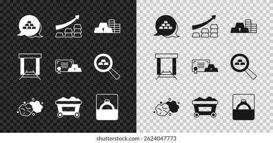 Set Gold bars, Growth arrow with gold, coin, nugget, Mine cart, Diamond engagement ring box, mine and certificate icon. Vector