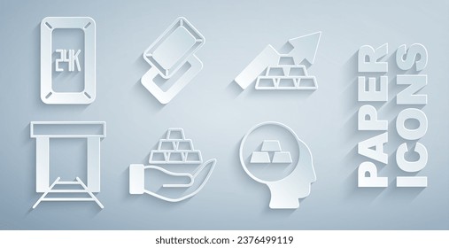 Set Gold bars in hand, Growth arrow with gold, mine,  and 24k icon. Vector