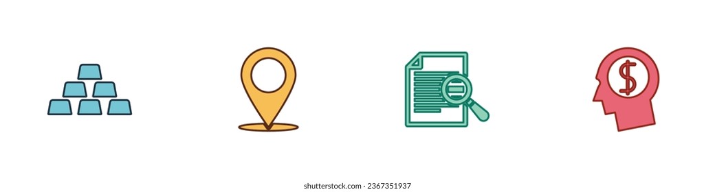 Set Gold bars, Map pin, Document with search and Business man planning mind icon. Vector