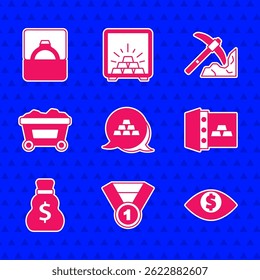 Set Gold bars, medal, Eye with dollar, Safe gold, Old money bag, Mine cart, mining and Diamond engagement ring box icon. Vector