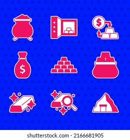 Set Gold bars, mine, Bag of gold, Old money bag, exchange and Molten being poured icon. Vector