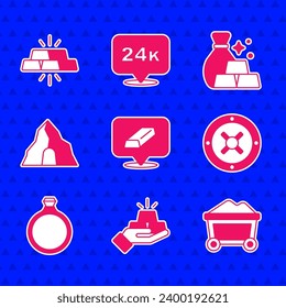 Set Gold bars, Mine cart with gold, Safe, ring, mine, Bag of and  icon. Vector