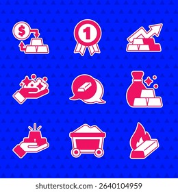 Set Gold bars, Mine cart with gold, Molten being poured, Bag of, mine, Growth arrow and exchange money icon. Vector