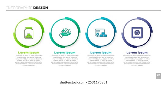 Set Gold bars, mine, with certificate and Safe. Business infographic template. Vector