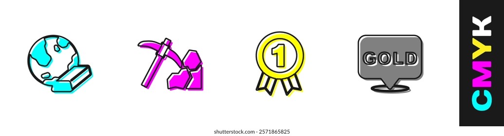 Set Gold bars, mining, Medal and  icon. Vector