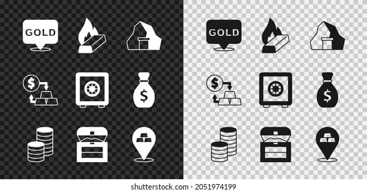 Set Gold bars, Molten gold being poured, mine, coin money, Antique treasure chest, exchange and Safe icon. Vector