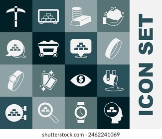 Conjunto de barras de oro, oro fundido que se vierte, anillo, moneda con, Carrito de mina, pico e ícono. Vector