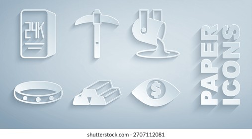 Conjunto de barras de oro, oro fundido que se vierte, anillo, ojo con dólar, pico e icono de 24k. Vector