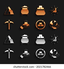 Set Gold bars, nugget, exchange money, Pickaxe, Bag of gold, mine and Molten being poured icon. Vector