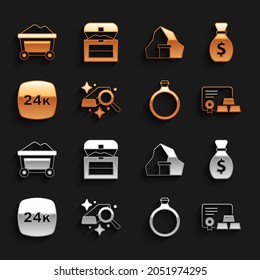 Set Gold bars, Old money bag, with certificate, ring, 24k, mine, Mine cart gold and Antique treasure chest icon. Vector