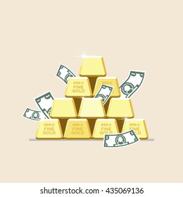 Set of gold bars on light background. Vector, illustration