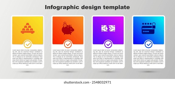 Set Gold bars, Piggy bank with coin, Tearing money banknote and Credit card lock. Business infographic template. Vector