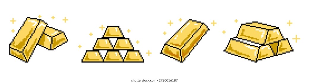 Conjunto de barras de oro pixel Vector para juegos de tesoro. Ideal para activos de riqueza, banca, moneda, lingotes y economía retro de 8 bits.