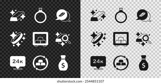 Set Goldbarren, Ring, 24k, Geld wechseln, Alte Tasche, und Safe mit Gold-Symbol. Vektorgrafik