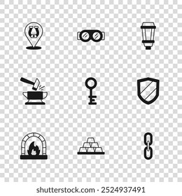 Set Gold bars, Shield, Chain link, Old key, Garden light lamp, Horseshoe, Welding glasses and Anvil and hammer icon. Vector