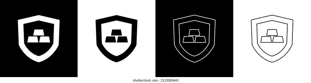 Set Gold bars with shield icon isolated on black and white background. Banking business concept.  Vector
