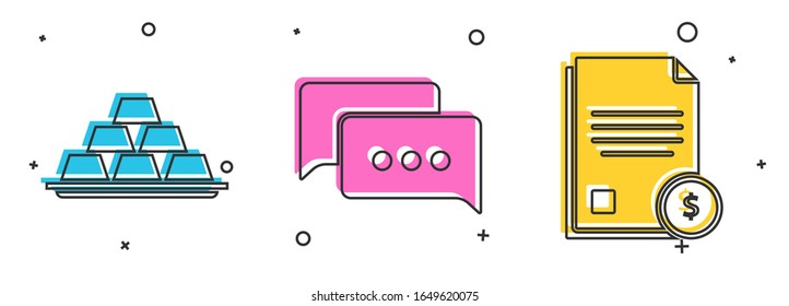 Set Gold bars, Speech bubble chat and Finance document icon. Vector