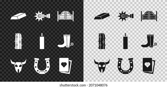 Set Gold bars, Spur, Saloon door, Buffalo skull, Horseshoe, Deck of playing cards, Cactus and Dynamite bomb icon. Vector