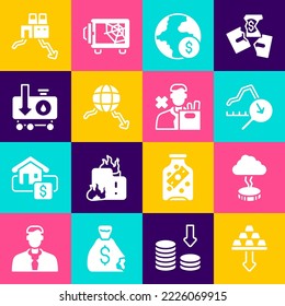 Colocar barras de oro, tormenta, crisis económica global, Bajar el precio del petróleo crudo, Apagar la fábrica y el icono de despido de empleados. Vector