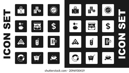 Set Gold bars, Treasure chest, Piggy bank and hammer, Briefcase money, Dollar symbol, Paper or financial check, Inserting coin and  icon. Vector