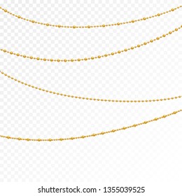 Set of gold beads and gold chains.
Different models and forms of gold beads.
Realistic image of beads. Vector illustration.