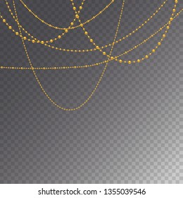 Set of gold beads and gold chains.
Different models and forms of gold beads.
Realistic image of beads. Vector illustration.