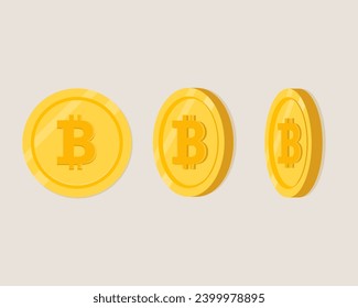 Satz Goldbitcoin-Münzen. Rotierende goldene Bitcoin-Münzen. BTC Symbol, Vektordesign. Krypto Währung goldener Bitcoin.