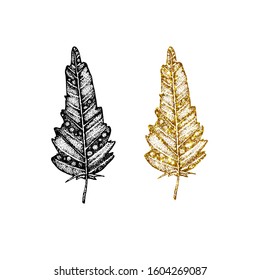 Set of gold and black bird feathers with a pattern. Hand vector illustration isolated on white background. For cover design, print, business card, icon, template, postcard.