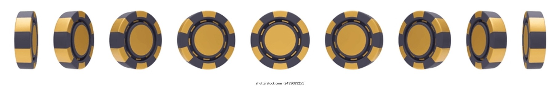 Set of gold and black casino chips 3D rendering. Casino, gambling game objects, betting symbols. Online gambling token for slot, poker, roulette, blackjack tools vector illustration