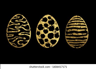 Set of gold and black Easter egg with a pattern. Hand vector illustration isolated on black background. For cover design, print, business card, icon, template, postcard.