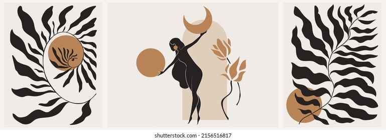 Set of gold and black feminine wall art, vector set. Artistic drawing of a silhouette in a mystical and abstract form. Abstract body art design for print, cover, wallpaper, minimal wall art.