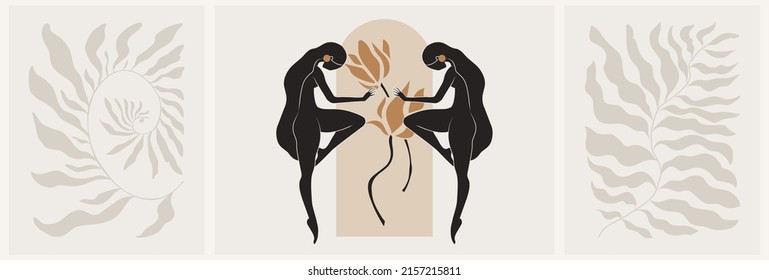 Set of gold and black feminine wall art, vector set. Artistic drawing of a silhouette in a mystical and abstract form. Abstract body art design for print, cover, wallpaper, minimal wall art.