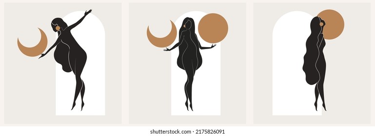 Set of gold and black feminine wall art, vector set. Artistic drawing of a silhouette in a mystical and abstract form. Abstract body art design for print, cover, wallpaper, minimal wall art.