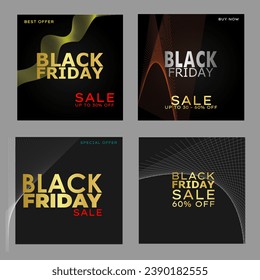 Set of gold Black Friday sales. Banner, poster, cover, print with line art background