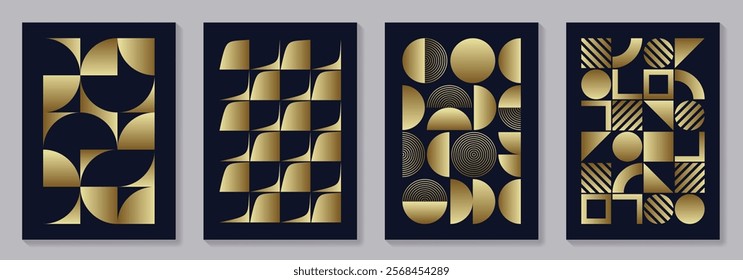 Set of gold and black geometric vector pattern posters with 20s geometric design. Trendy bauhaus pattern background for cover design, poster and interior. Retro illustration.