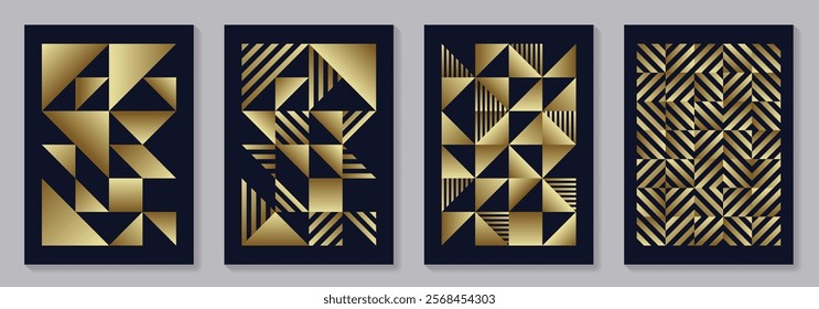 Set of gold and black geometric vector pattern posters with 20s geometric design. Trendy bauhaus pattern background for cover design, poster and interior. Retro illustration.