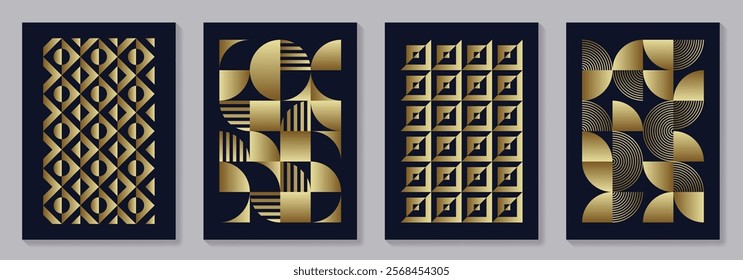 Set of gold and black geometric vector pattern posters with 20s geometric design. Trendy bauhaus pattern background for cover design, poster and interior. Retro illustration.