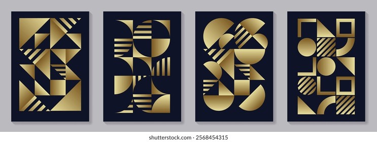 Set of gold and black geometric vector pattern posters with 20s geometric design. Trendy bauhaus pattern background for cover design, poster and interior. Retro illustration.