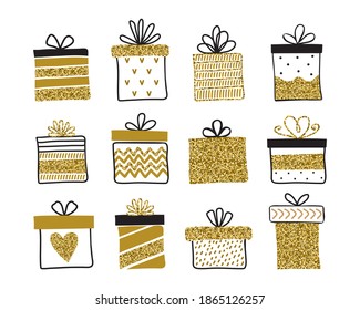 Set of gold and black gift boxes. Doodle holiday presents in Scandinavian style. Festive elements for birthday, new year, Christmas, anniversary design. Vector hand drawn illustration.